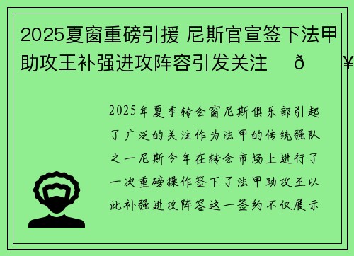 2025夏窗重磅引援 尼斯官宣签下法甲助攻王补强进攻阵容引发关注 ⚽🔥