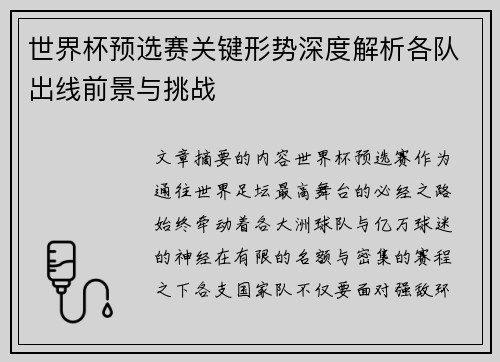 世界杯预选赛关键形势深度解析各队出线前景与挑战